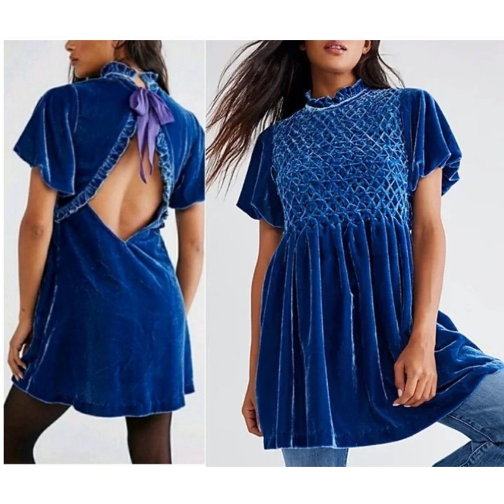 NEW Free People Gum Drop Velvet Mini Dress Deep River Blue